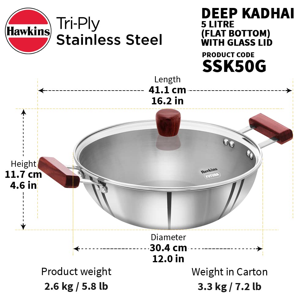 Hawkins Induction Compatible Stainless Tri-Ply Deep Kadhai with Glass Lid