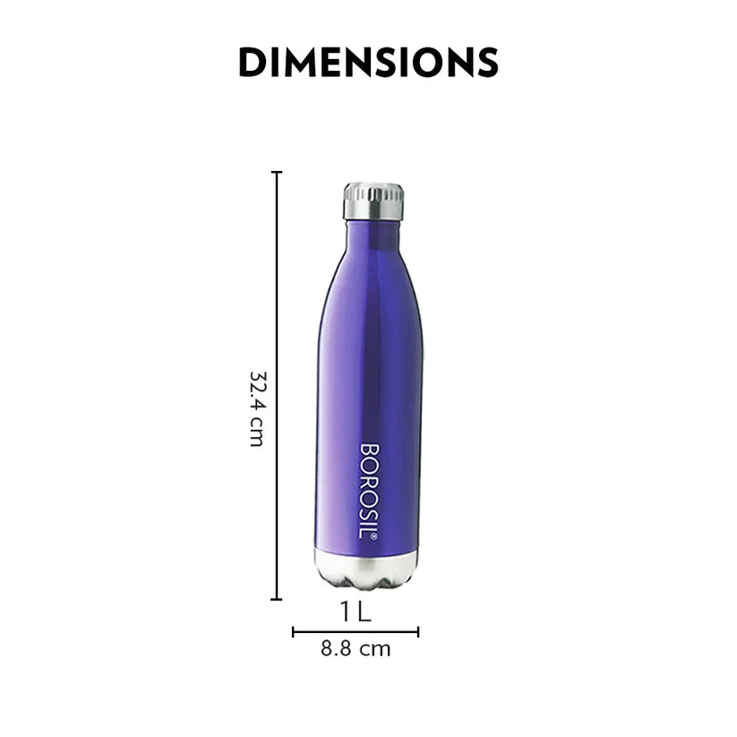 Borosil Hydra Bolt Trans Blue Stainless Steel Water Bottle, Double Wall Vacuum Insulated Flask