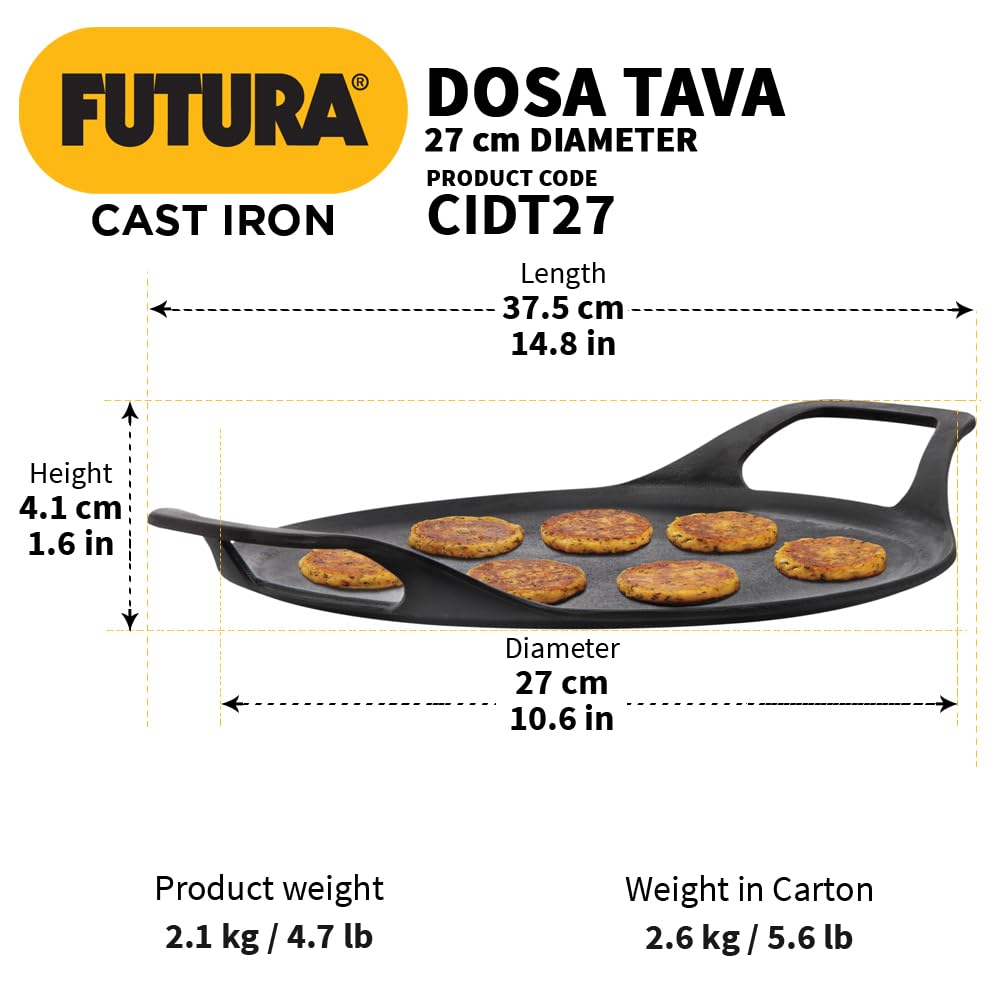 Hawkins Futura 27 cm Cast Iron Dosa Tava,Pre-Seasoned Cast Cookware for Kitchen