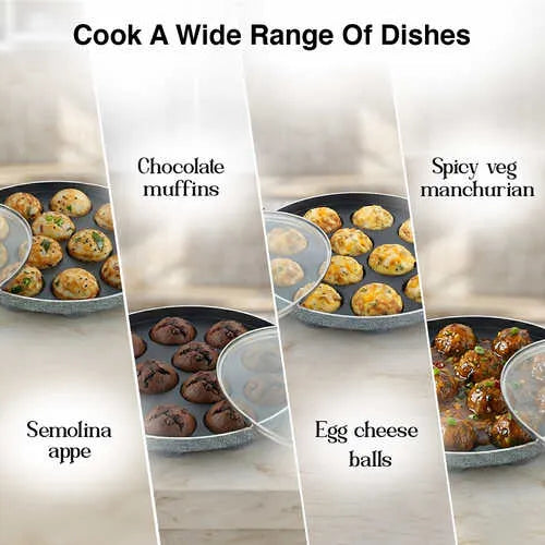 Prestige Non-Stick 12 Pits Paniyarakkal 24 cm with Glass Lid,PFOA Free,Sturdy Handle
