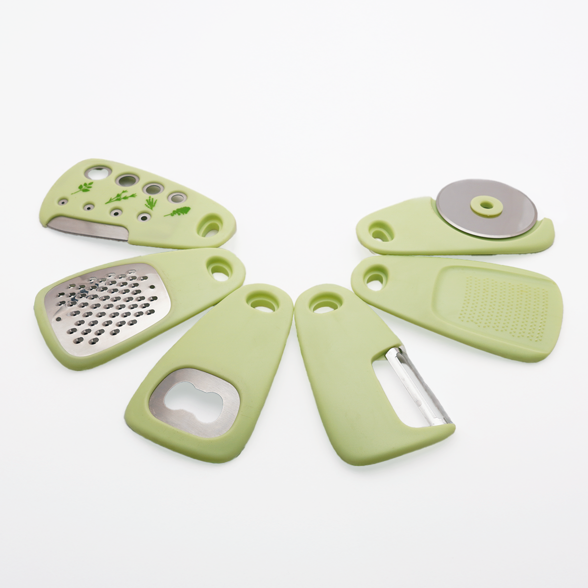 Oicia Unique Kitchen Tool Set of 6 Pieces, Space Saving, Cheese Grater, Bottle Opener, Fruit Vegetable Peeler, Pizza Cutter, Garlic Ginger Grinder, Herb Stripper