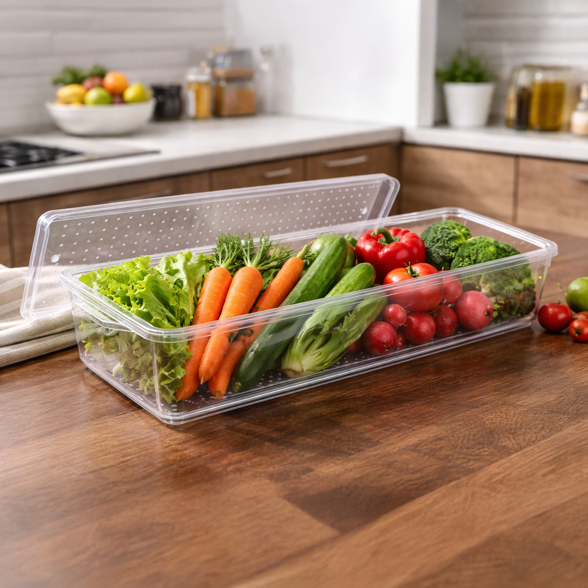 Polypropylene Transparent Unbreakable Long Fridge Organiser with Lid,Ideal for Storing Fruits,Vegetables (Set of 6)