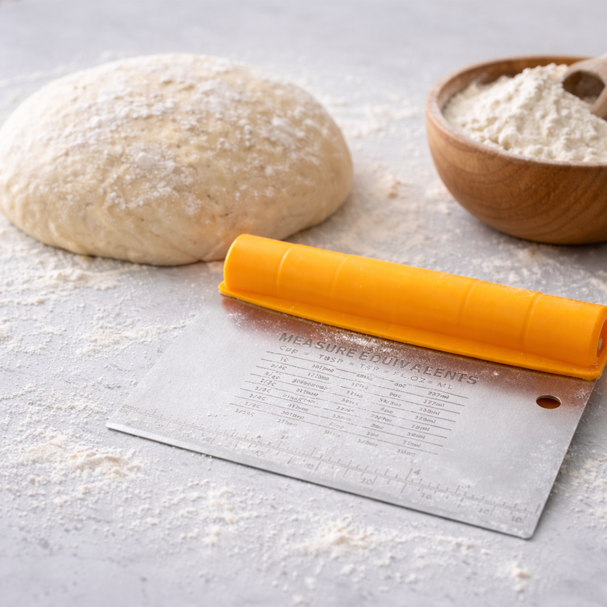 Oicia Stainless Steel 2 in 1 Dough Chopper with Plastic Bowl Scraper, Multipurpose Food Scrappers for Bread,Cake,Cream with Measure Equivalents Baking Tools