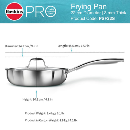 Hawkins Induction Compatible Stainless Steel Tri-Ply Pro Frying Pan with Stainless Steel Handle and Stainless Steel Lid