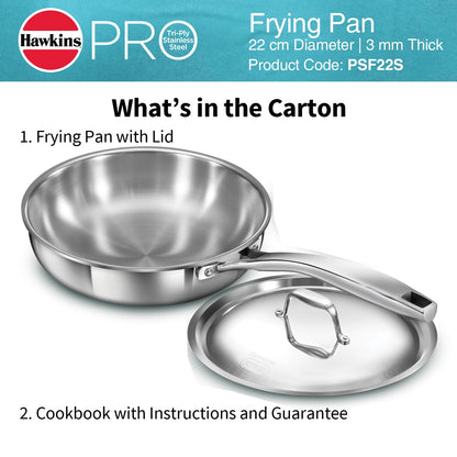 Hawkins Induction Compatible Stainless Steel Tri-Ply Pro Frying Pan with Stainless Steel Handle and Stainless Steel Lid