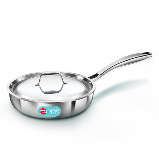 Hawkins Induction Compatible Stainless Steel Tri-Ply Pro Frying Pan with Stainless Steel Handle and Stainless Steel Lid