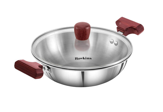 Hawkins Induction Compatible Stainless Tri-Ply Deep Kadhai with Glass Lid