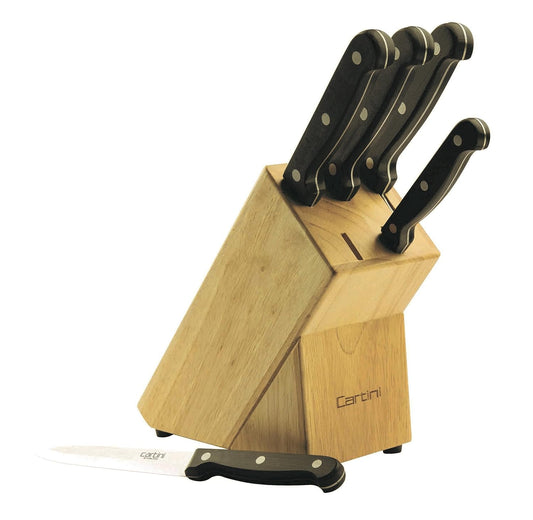 Cartini Godrej 5 pcs Knife Set with Rubber Handle, Wood Knife Holder Set