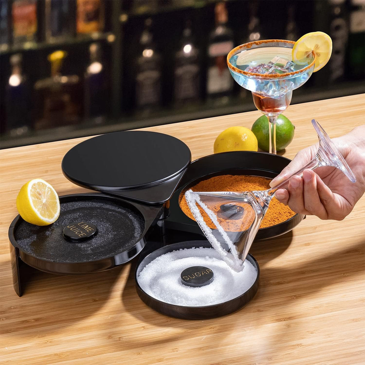 3-Tier Glass Rimmer with Lid and Sponge,Sugar and Salt Bar Rimmer Great for Cocktails Margarita,Cocktail