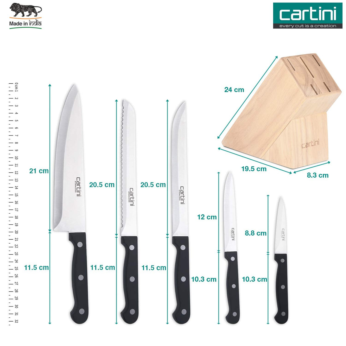 Cartini Godrej 5 pcs Knife Set with Rubber Handle, Wood Knife Holder Set