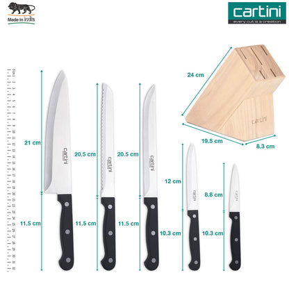 Cartini Godrej 5 pcs Knife Set with Rubber Handle, Wood Knife Holder Set