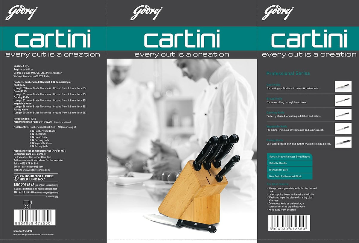 Cartini Godrej 5 pcs Knife Set with Rubber Handle, Wood Knife Holder Set