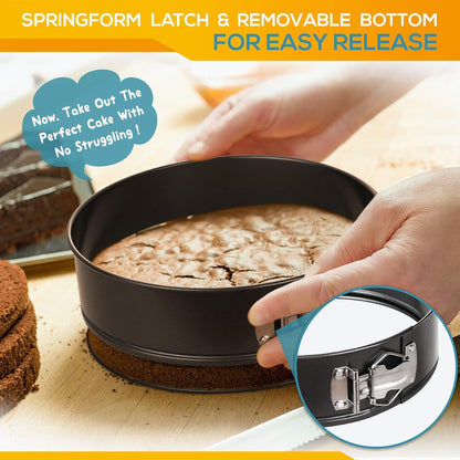 Steel Springform Pan Set: 3 Non-stick Round Cake Pans (6", 8", 10") with 150 Parchment Paper Liners.