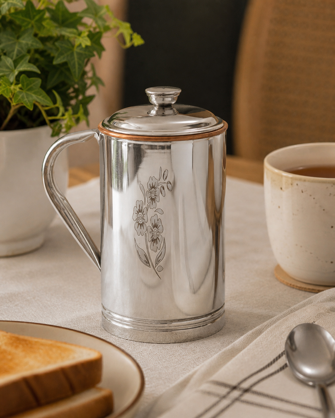 Dualtone Stainless Steel Copper Floral Design Jug with Lid