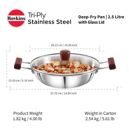 Hawkins Induction Compatible Stainless Tri-Ply Deep Kadhai with Glass Lid