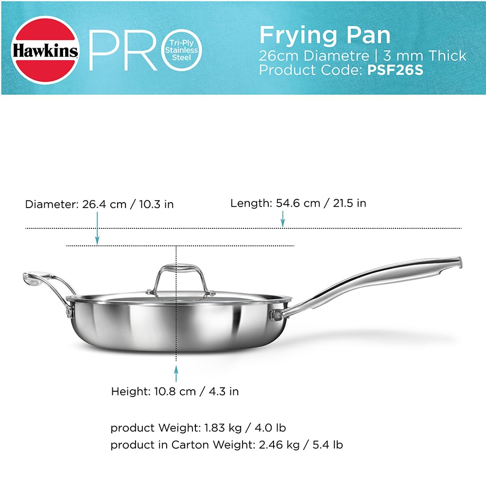 Hawkins Induction Compatible Stainless Steel Tri-Ply Pro Frying Pan with Stainless Steel Handle and Stainless Steel Lid