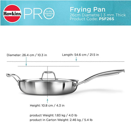 Hawkins Induction Compatible Stainless Steel Tri-Ply Pro Frying Pan with Stainless Steel Handle and Stainless Steel Lid