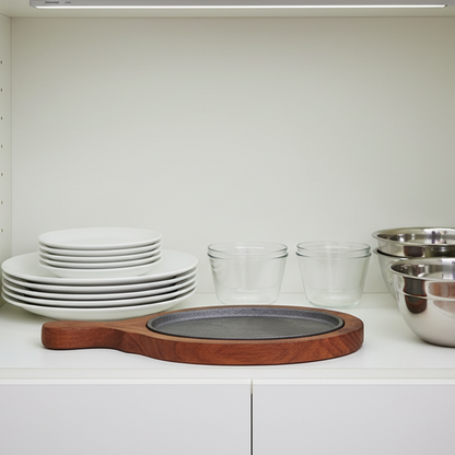 Cast Iron Oval Sizzler Plate with Wooden Base for Serving Sizzling Snacks/Starters