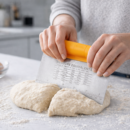 Oicia Stainless Steel 2 in 1 Dough Chopper with  Plastic Bowl Scraper, Multipurpose Food Scrappers for Bread,Cake,Cream with  Measure Equivalents Baking Tools