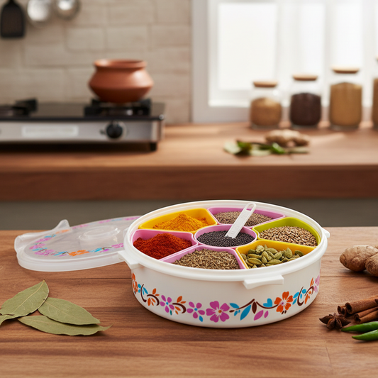 Nayasa Plastic Printed Masala Dabba/Spice Box, with 7 containers and & 7 spoons