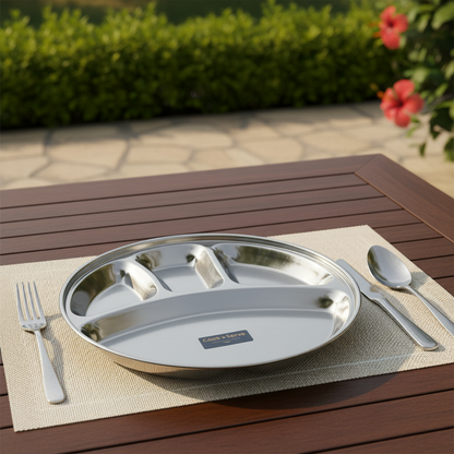 Stainless Steel Round 4 compartment Plate for Breakfast/lunch (Set of 6)