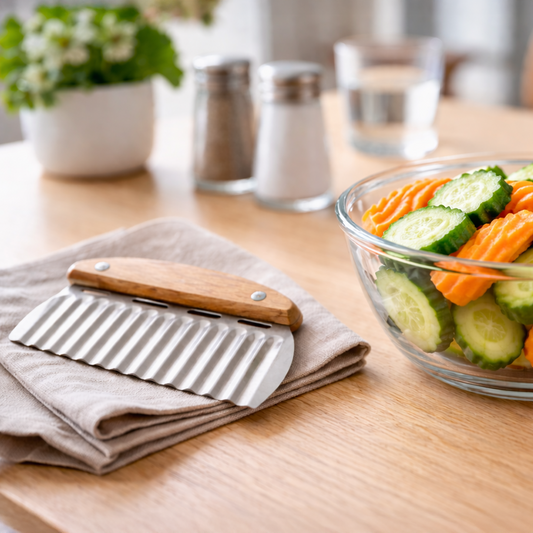Stainless Steel Crinkle Cutter with Wooden Handle Wavy Chopper  & Slicer for French Fries,Vegetables,Snacks