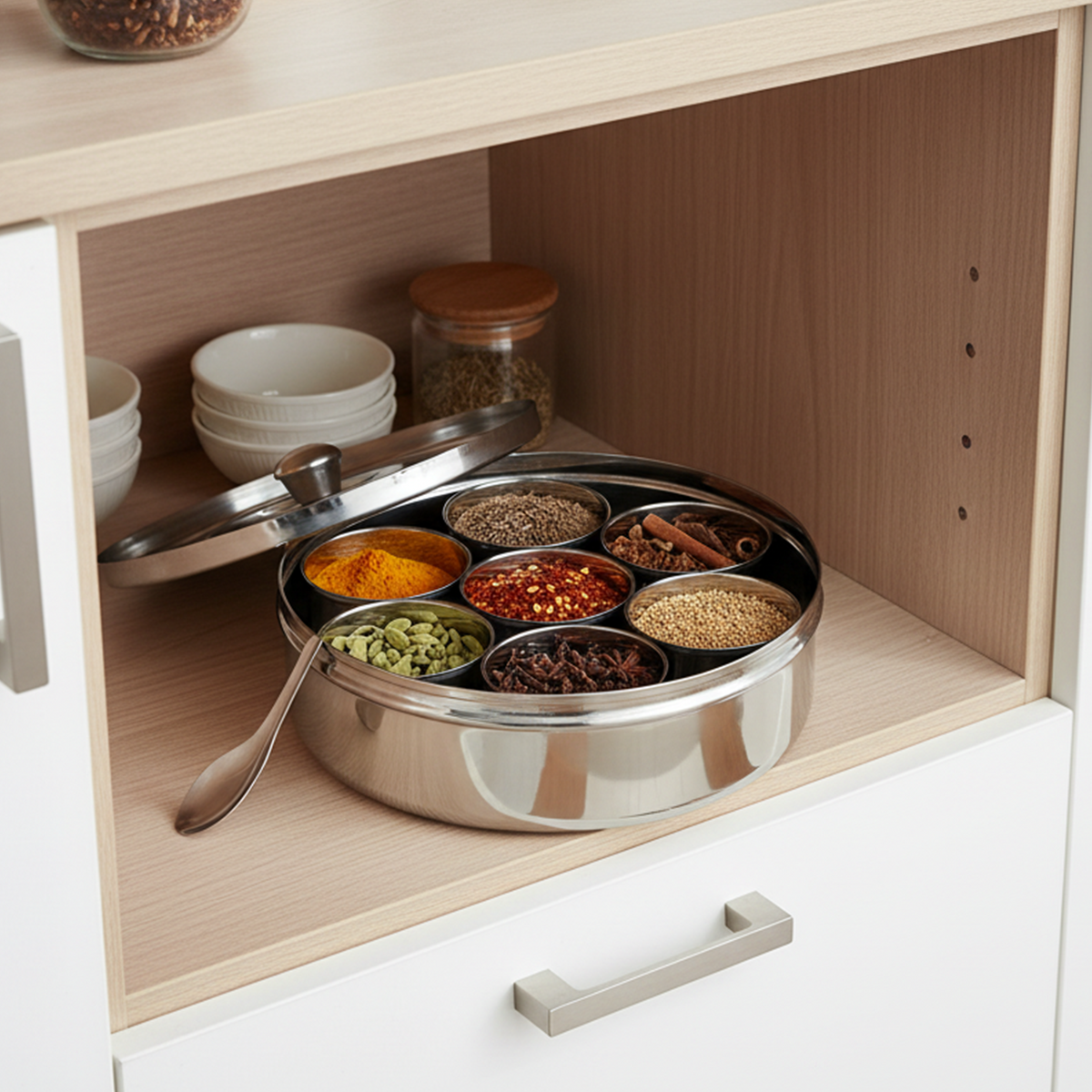 Stainless Steel Spice Box Set of 7 pieces Vati & a Spoon for storing varieties of Masala