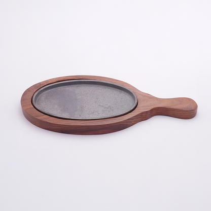 Cast Iron Oval Sizzler Plate with Wooden Base for Serving Sizzling Snacks/Starters