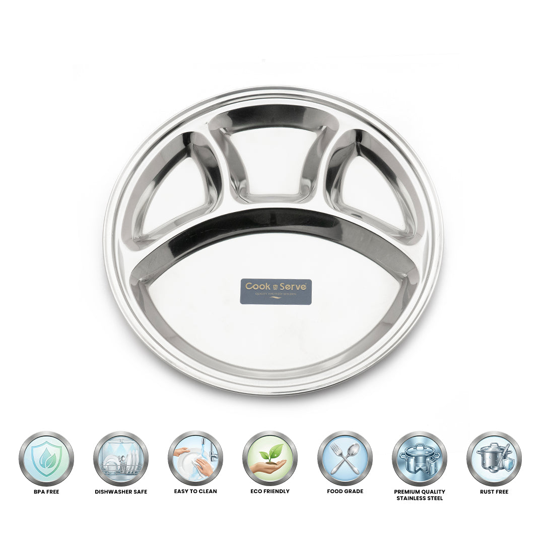 Stainless Steel Round 4 compartment Plate for Breakfast/lunch (Set of 6)