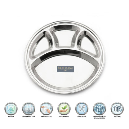 Stainless Steel Round 4 compartment Plate for Breakfast/lunch (Set of 6)