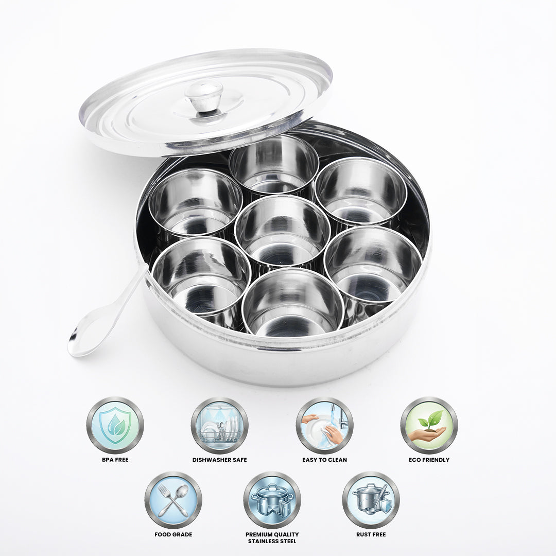 Stainless Steel Spice Box Set of 7 pieces Vati & a Spoon for storing varieties of Masala