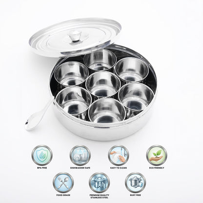 Stainless Steel Spice Box Set of 7 pieces Vati & a Spoon for storing varieties of Masala