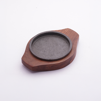 Cast Iron Round Sizzler Plate with Wooden Base for Serving Sizzling Snacks/Starters