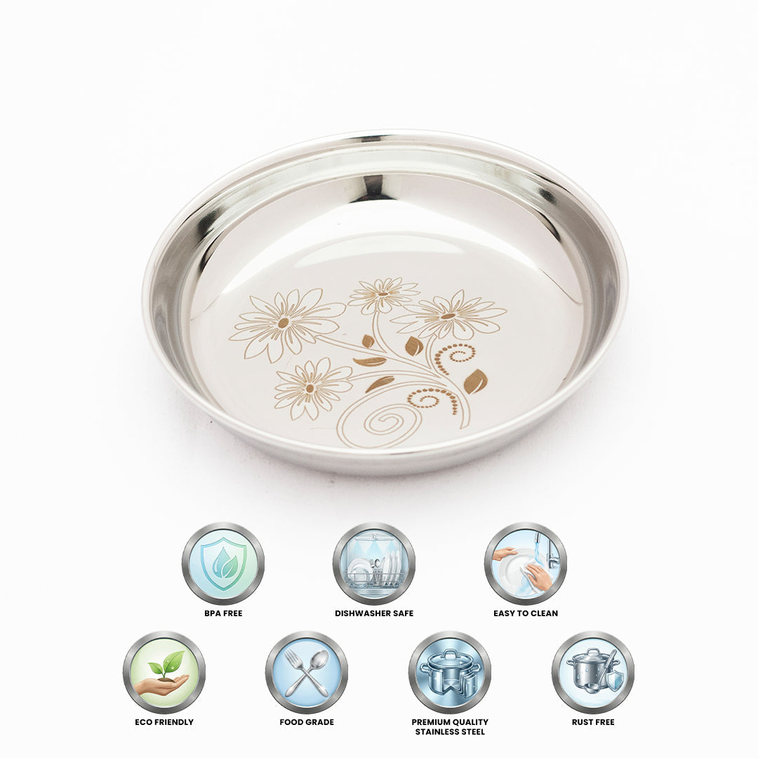 Stainless Steel laser design mirror finish Pudding/Halwa Plate for Deserts/Snacks/Sweets/Dry fruits (Set of 6)