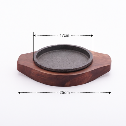 Cast Iron Round Sizzler Plate with Wooden Base for Serving Sizzling Snacks/Starters
