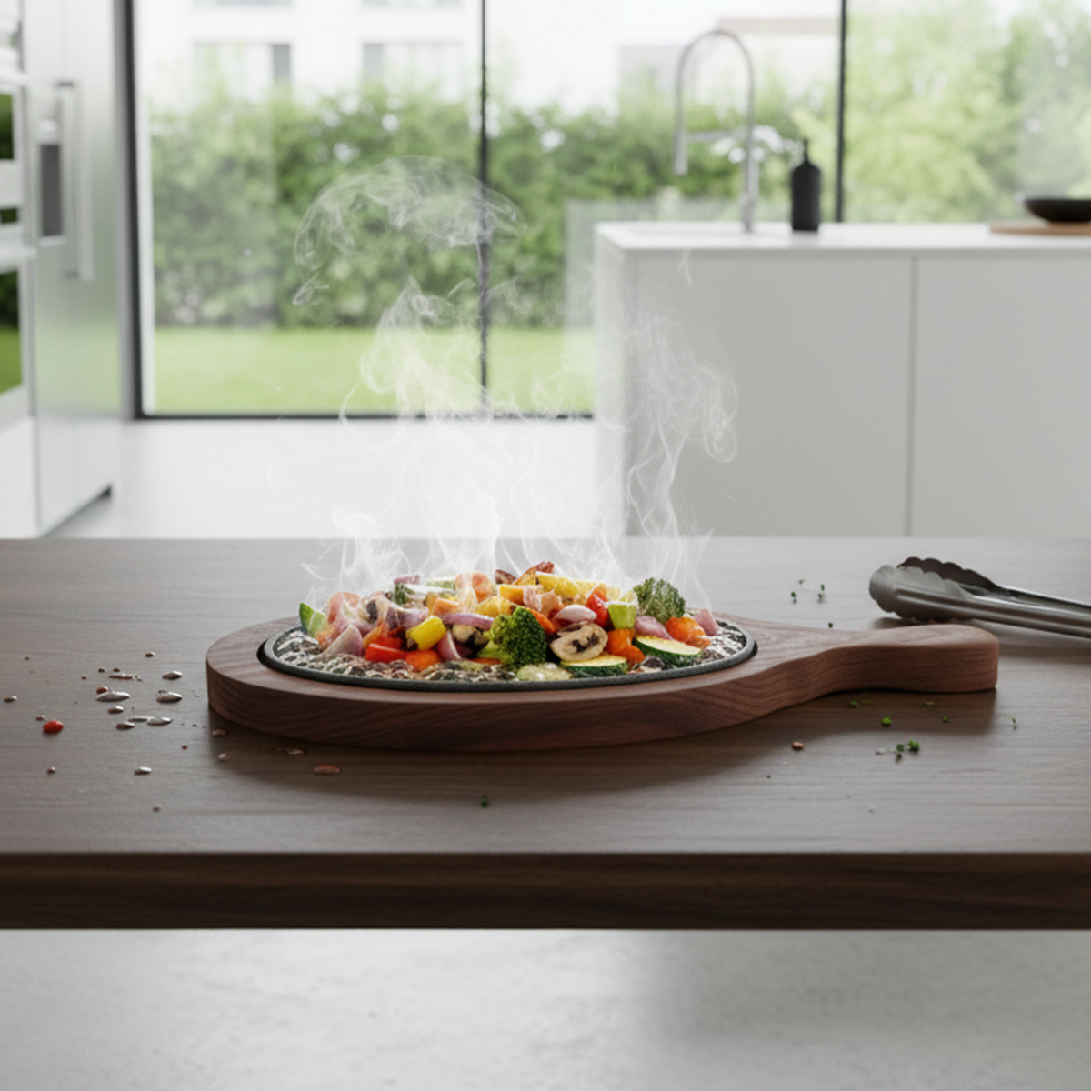Cast Iron Oval Sizzler Plate with Wooden Base for Serving Sizzling Snacks/Starters