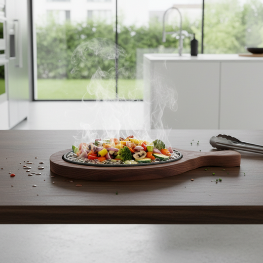 Cast Iron Oval Sizzler Plate with Wooden Base for Serving Sizzling Snacks/Starters