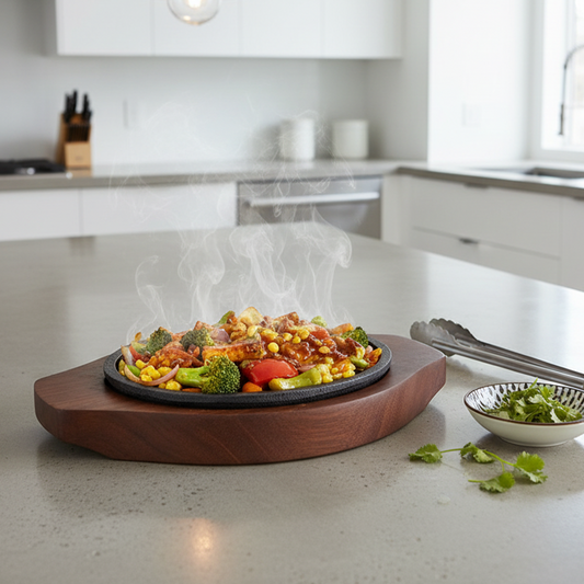 Cast Iron Round Sizzler Plate with Wooden Base for Serving Sizzling Snacks/Starters