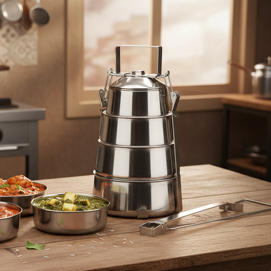 Stainless Steel Cone Shaped 4-Tier Compartment Tiffin with Locking Clip